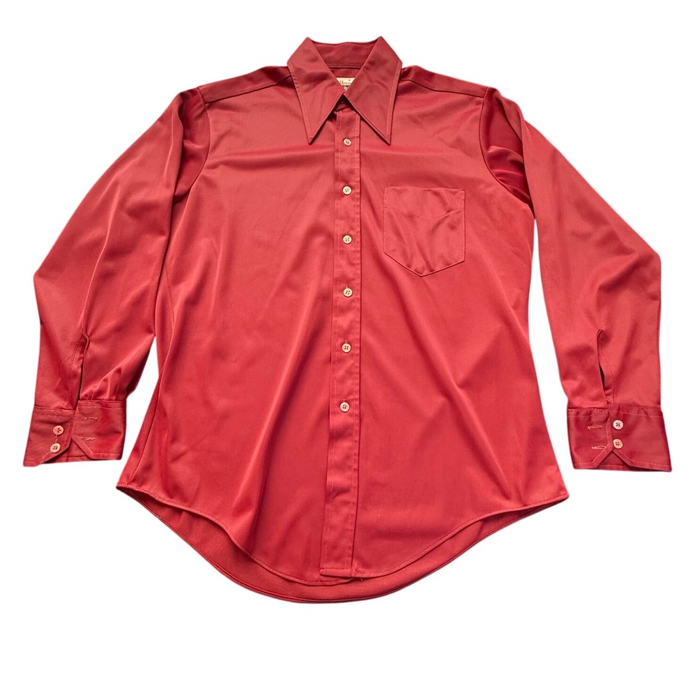 Vintage 70s New Breed for Campus Red Polyester Disco Shirt Mens 16-33